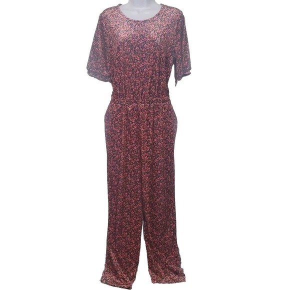 Old Navy Med Pink Floral Velour Short Puff Sleeve Stretchy Keyhole Back Jumpsuit - Picture 2 of 10